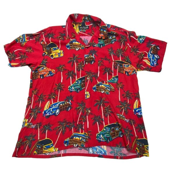 After Dark By Falcon Bay Red Hawaiian Shirt With Woody Cars & Palm Trees Print L - Picture 1 of 6